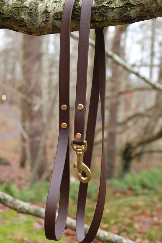 Brunt hundkoppel i BioThane med mässningsdetaljer.