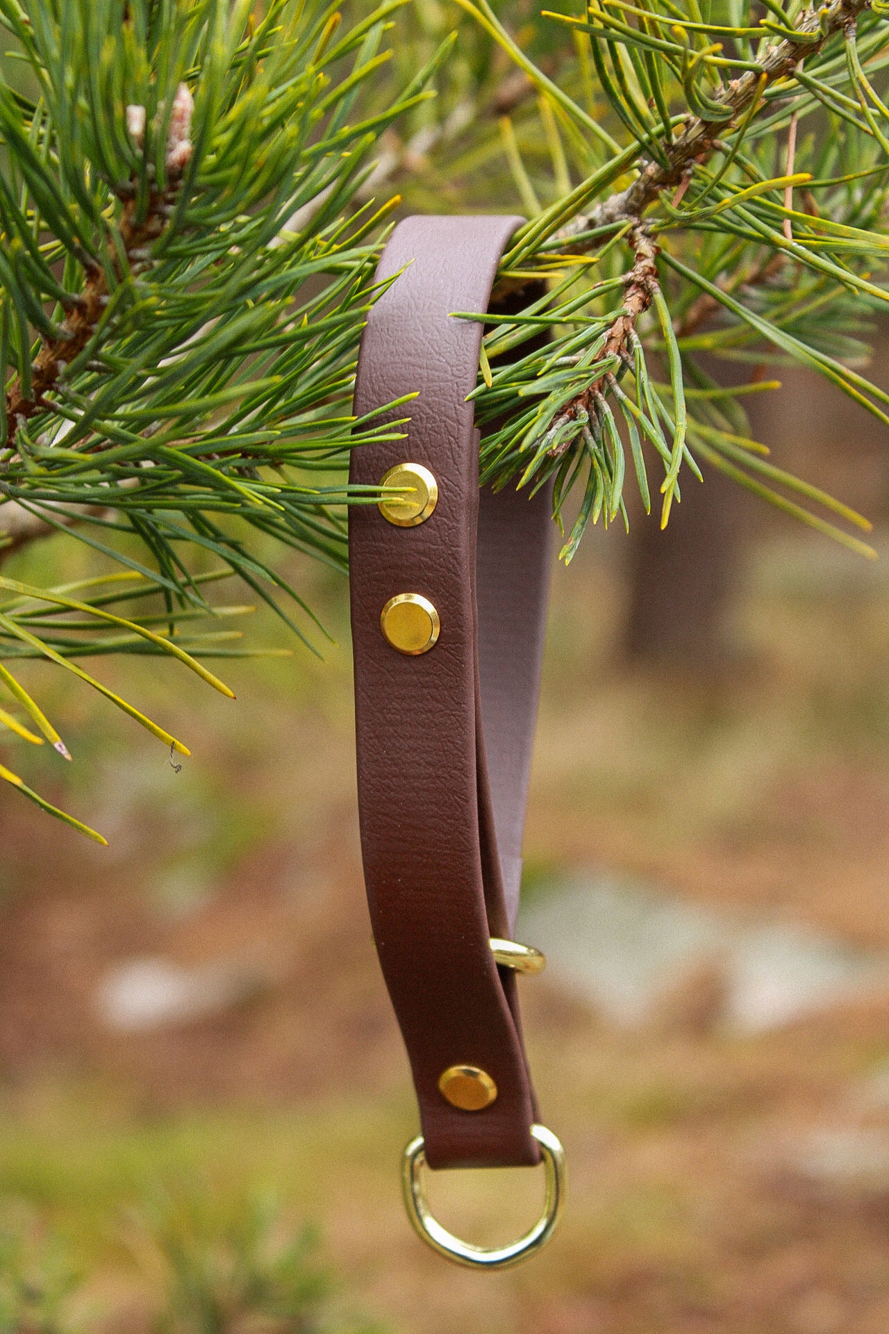 Mörkbrunt, vattentåligt halvstryp i BioThane med mässningsdetaljer. 19mm. 